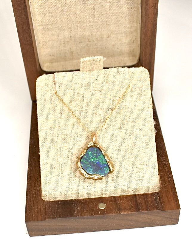 5.1ct Black Opal and White Diamond Pendant. 14k Yellow Gold. Cliffs of Torquay.
