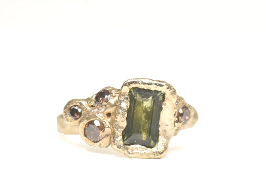 1.2 ct Green Sapphire and Cognac Diamond 14k Yellow Gold Ring. Cliffs of Swanage.