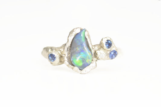 0.65ct Black Opal and Sapphire Ring. 925 Silver. Ben Lui Mountain, Scotland.